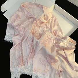 新中式国风花卉冰丝短袖睡衣女夏季冰凉舒适蕾丝边短裤家居服套装
