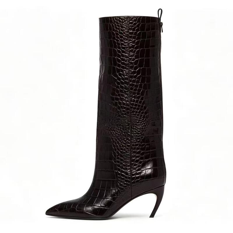 European and American foreign trade pointed-toe curved-heel knee-high boots, large size, unique heel fashion boots, runway spring and autumn straight high boots