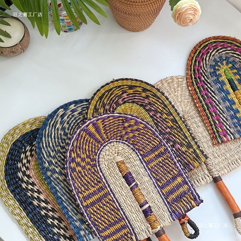 Vietnamese Seagrass Woven Straw Fan Wall Hanging African Elements Ins Style Wall Decoration Daily Use Summer Hand-Held Fan