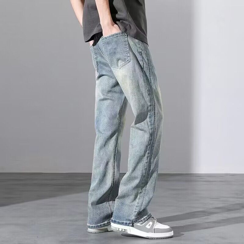 Huangni High Street American Men's Jeans Otoño Nuevo estilo Retro Lavado Micro-Vibe Pantalones largos rectos