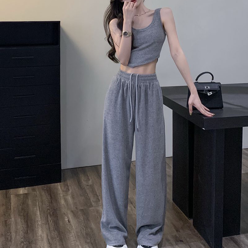 Autumn Lazy Pure Desire Short Style with Naked Navel for Slimming Tank Top, High Waist, Hanging Wide Leg Pants,_voghion.com