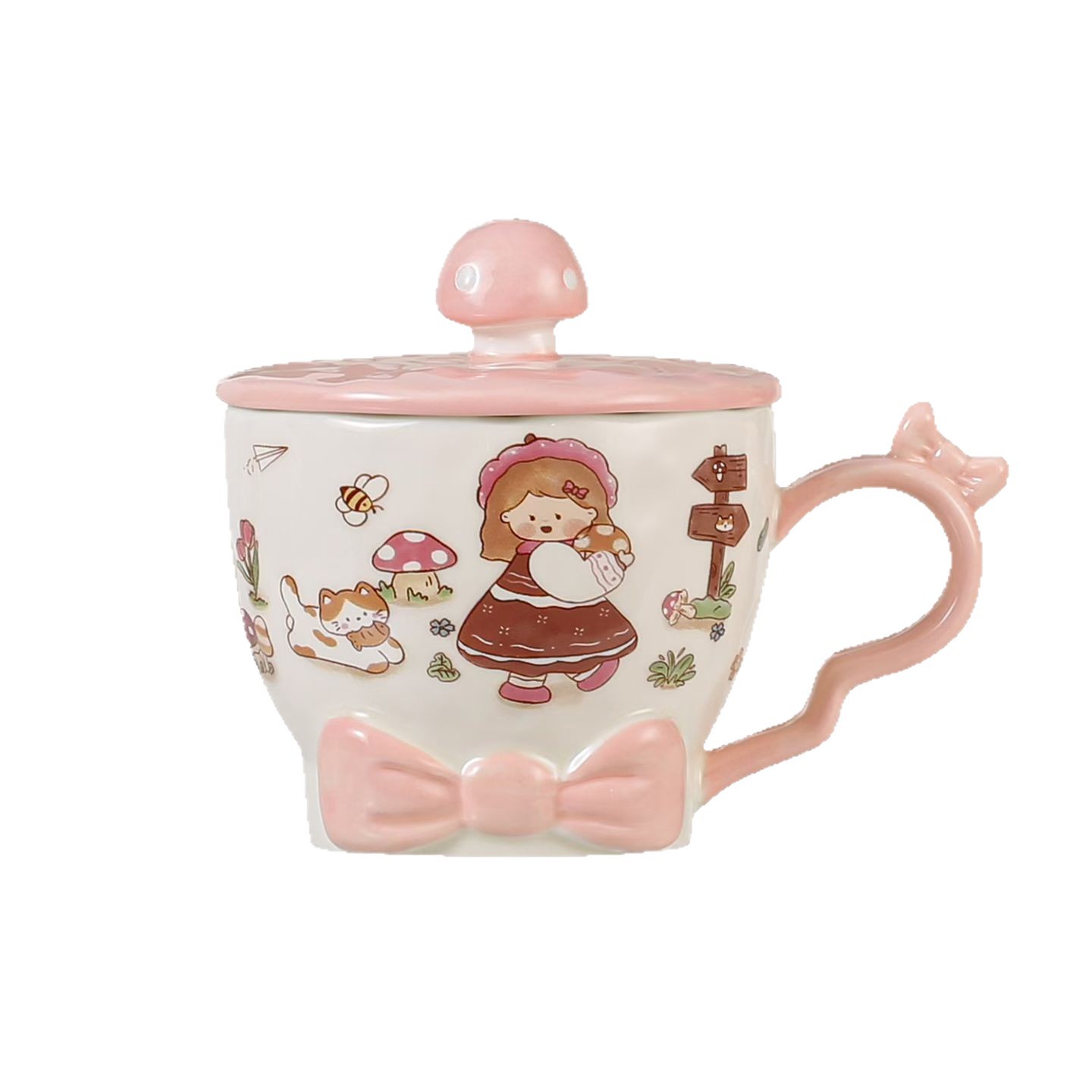 Personalidad creativa de dibujos animados adorables chicas arco tazas de cerámica con tazas de café con tapa de alto valor de la cara de las chicas tazas de marca