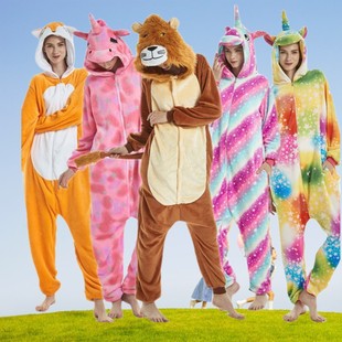 Animal One-Piece Pajamas for Adults Autumn and Winter Flannel Panda Dinosaur Men and Women Triceratops Lion Starry Sky One-Piece