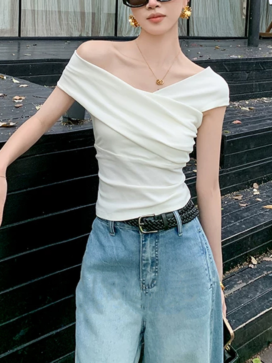 Áo thun ngắn tay nữ thiết kế thắt lưng thon gọn — màu trắng chi tiết 4