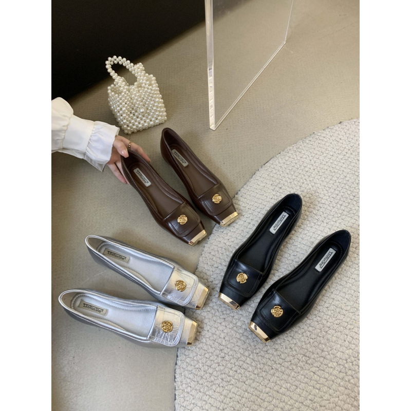2025 Autumn New Korean Style Simple Metal Buckle Square Toe Soft Sole Comfortable Height-Increasing Single Shoes