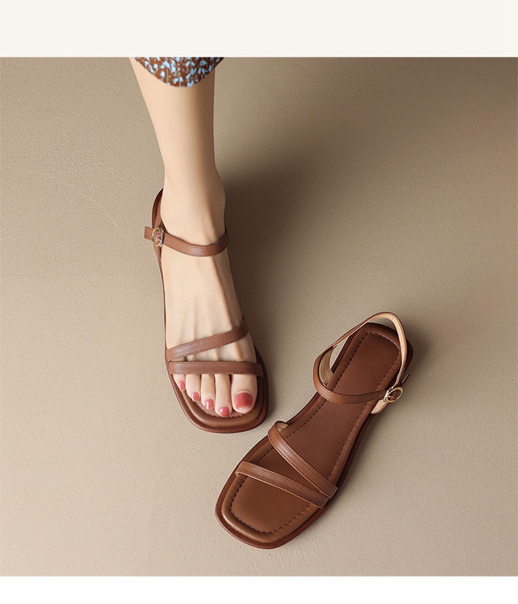 Sandal hở mũi quai ngang da bò gót thấp mũi vuông nữ kiểu mới — Màu nâu chi tiết 11