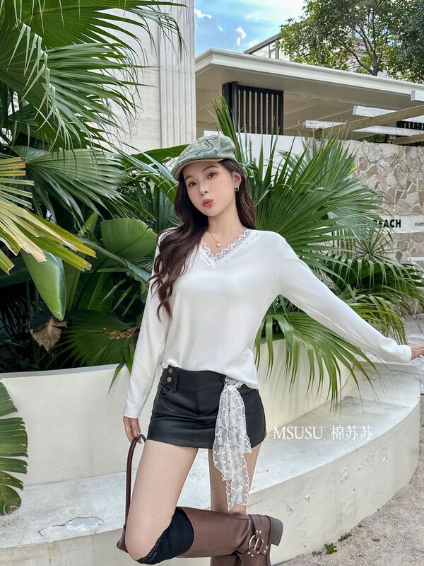 MSUSU棉苏苏2580#V领蕾丝花边打底衫简约修身纯欲风显瘦长袖T恤秋|undefined