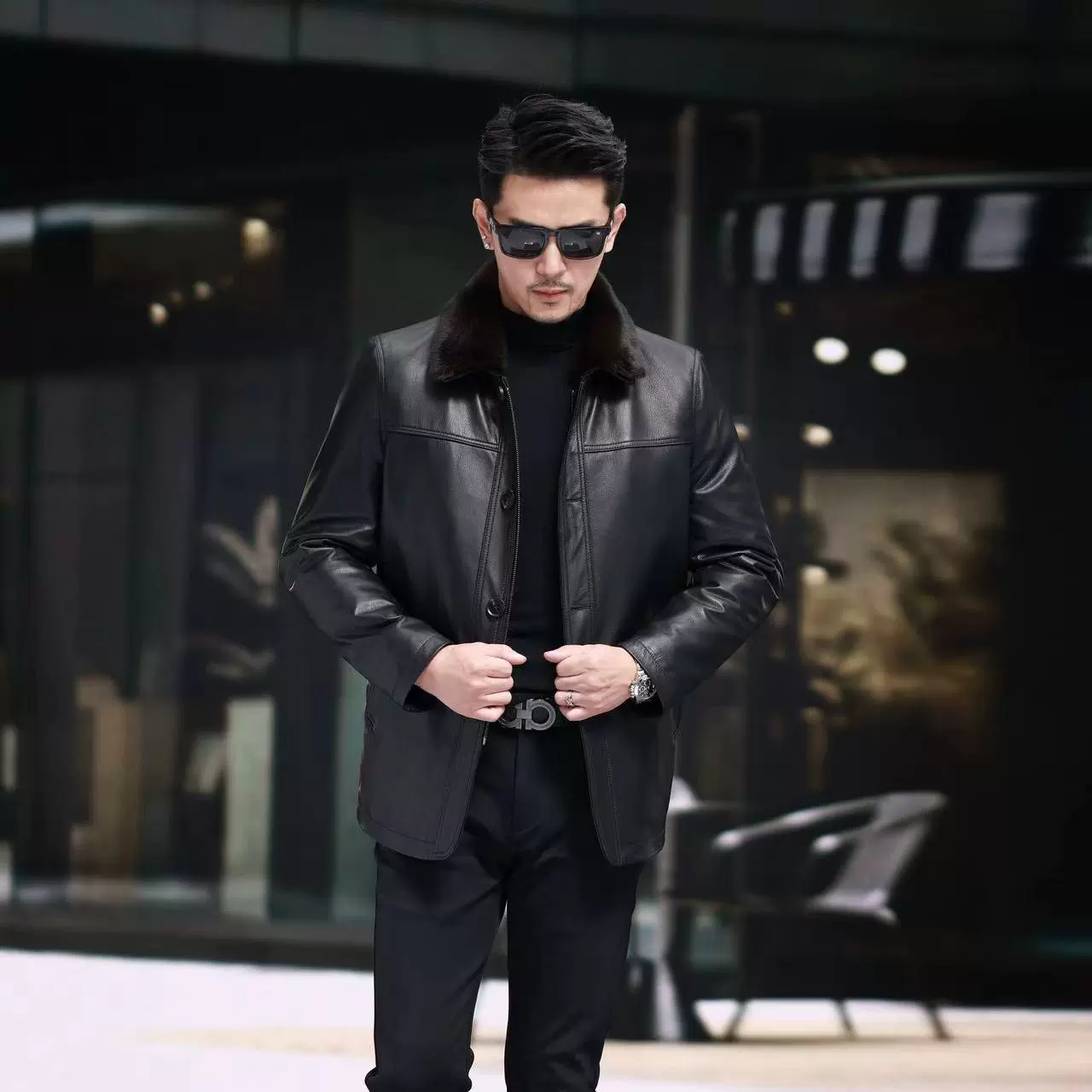 皮衣男真皮小牛皮冬季中年夹克加厚保暖仿貂绒皮毛一体可脱卸外套