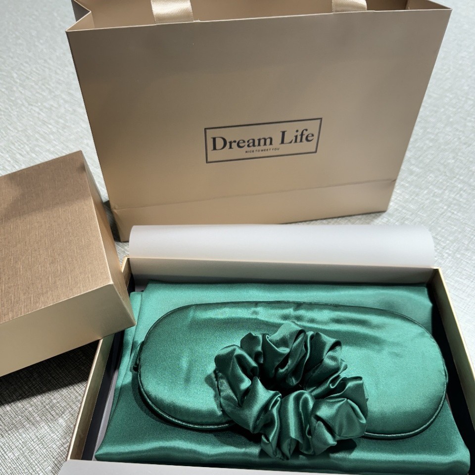 Regalos de alta gama, almohada de seda de alta calidad, cubierta de ojos, anillo de cabello, caja de regalo de seda, 100% seda de morera, conjunto de tres piezas