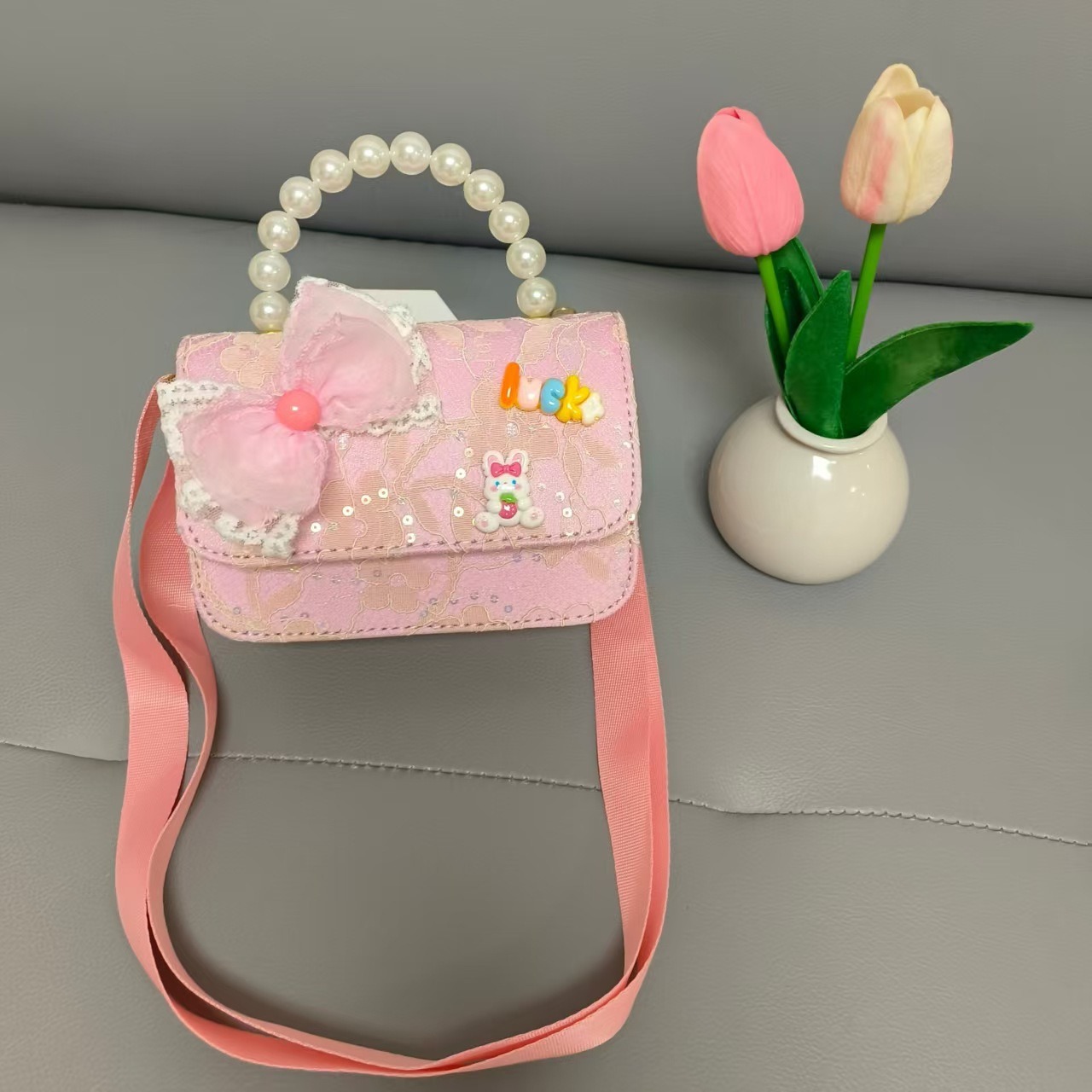 Bolsa de princesa portátil de perlas, arco de encaje, bolso de hombro, bolso de Año Nuevo, cambio de cambio