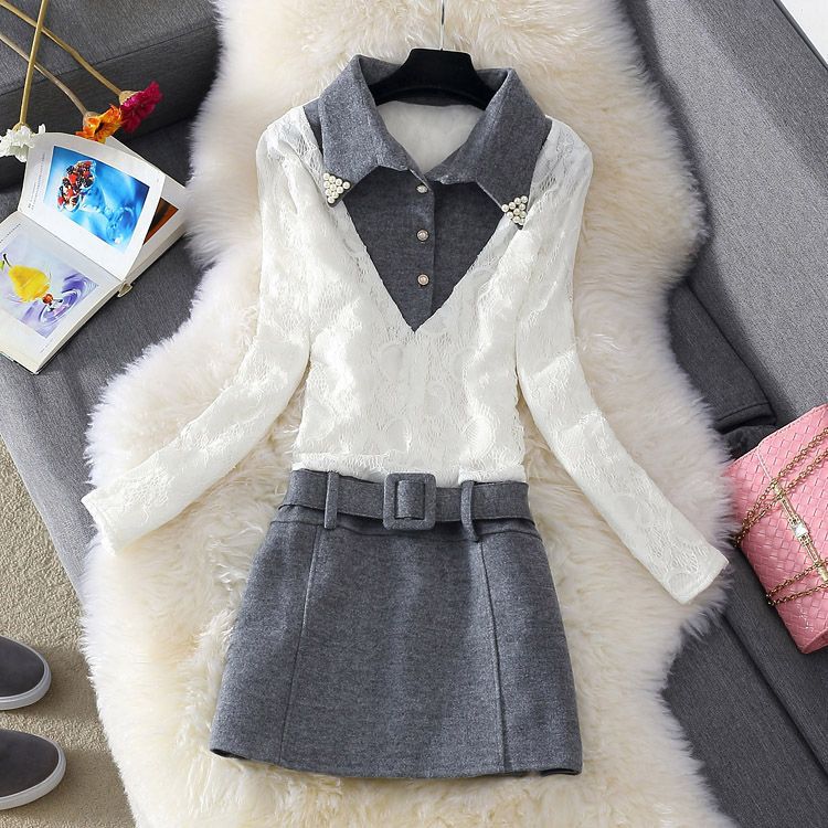 New autumn and winter Korean-style shirt-collar faux two-piece fleece-lined lace dress, slim-fit, plus-size, patchwork wool blend bodycon skirt
