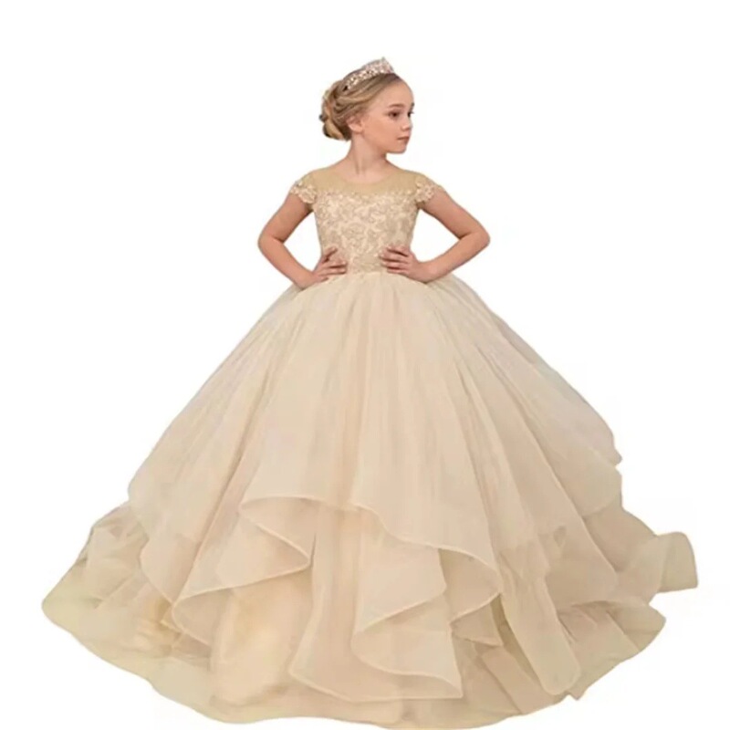 Short Sleeve Ruffle Blush Ball Gown Kids Flower Girl Dresses for Wedding Princess Appliques Cap Sleeves Photoshoot Communion