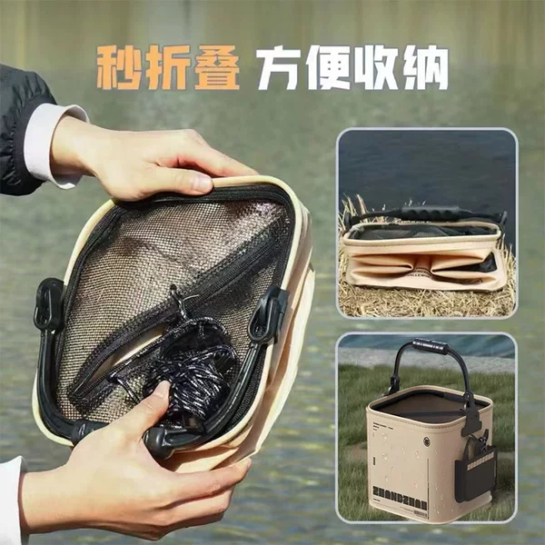 Outdoor Fishing Bucket Foldable Portable Live Fish Bucket with Net EVA Bucket with Rope Bucket for Wild Fishing