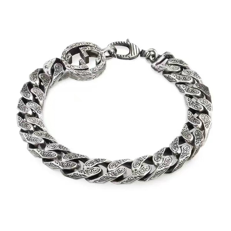 Ancient-Style Double g Interlocking Vine Carving Pattern Cuban Bracelet with a Vintage High-End Feel, Retro Hip-Hop Personality Chain