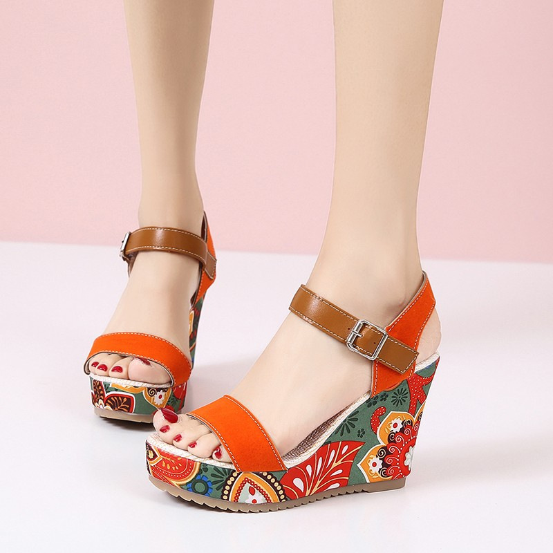 Cross-border 2024 New plus size Women's Shoes High Heel Sandals Women's Wedge Heel Embroidered Buckle Open Toe Platform Women's Wish