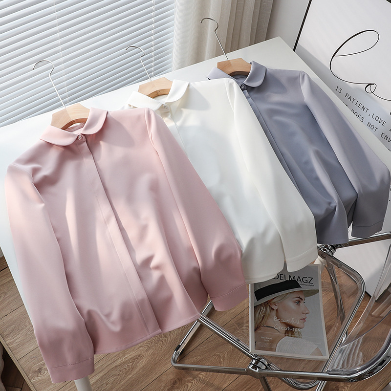 Autumn and Winter Satin Round Neck Professional White Shirt Women's Formal Business Work Clothes Slim Fit Women's Shirt High-End