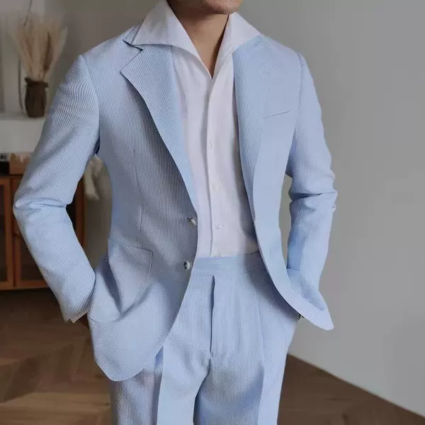 Autumn Thin Seersucker Striped Suit suit Men's British Gentleman Casual Fashion Striped Suit suit Trendy