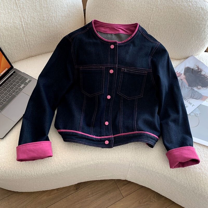 Women's denim jacket 2026 spring and autumn new style, unique and super trendy, casual and age-reducing, European-style color-blocking jacket Women's denim jacket 2026 spring and autumn new style, unique and super trendy, casual and age-reducing, European-style color-blocking jacket