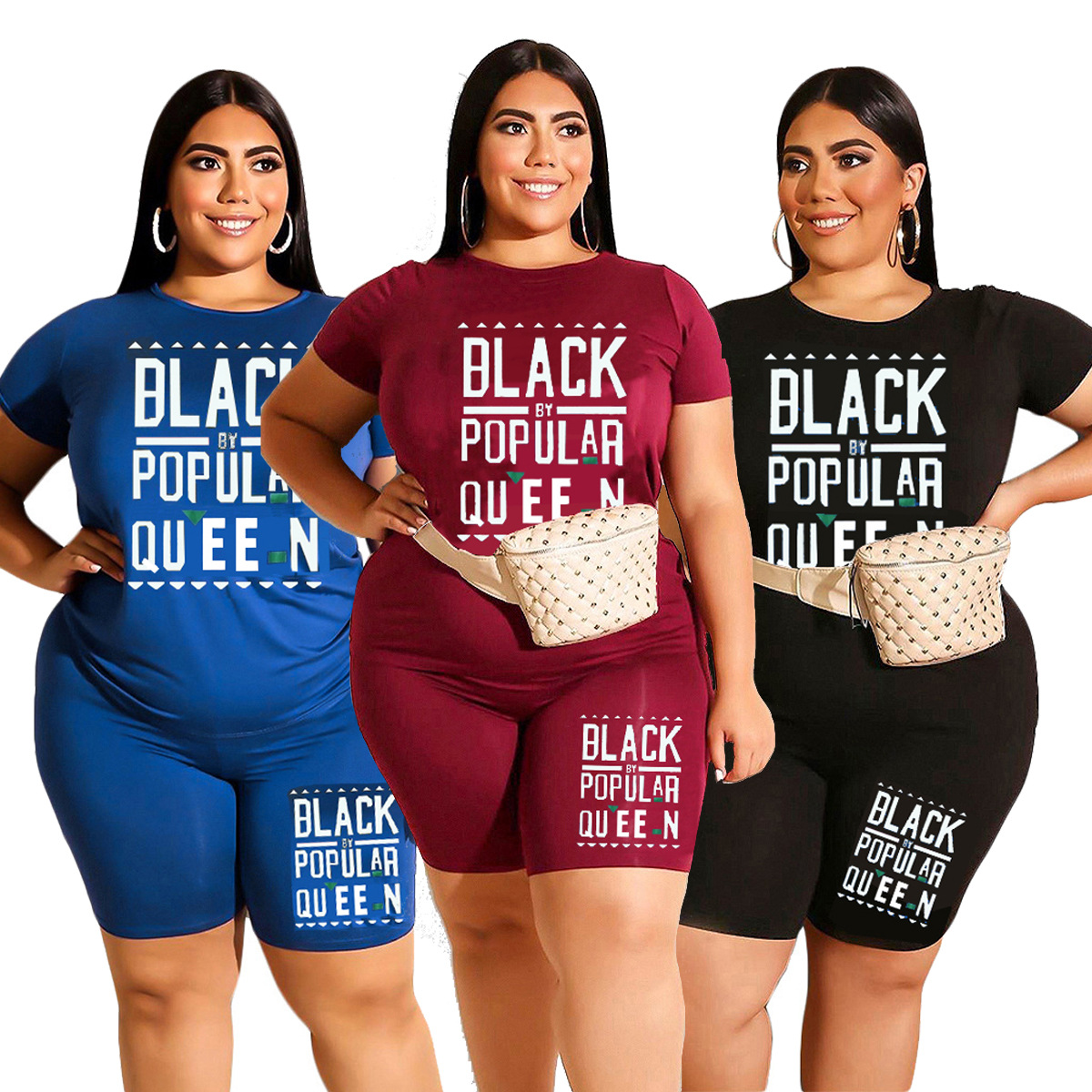 定制加工跨境欧美外贸女装新款时尚字母印花休闲短袖短裤大码套装|ms