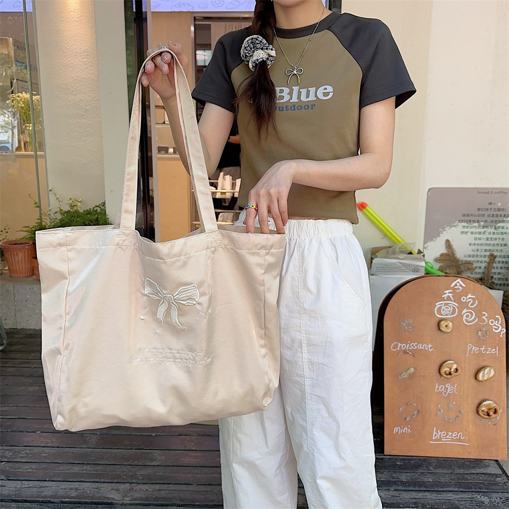 44284 large-capacity double-sided embroidered bow, sweet tote bag, single-shoulder cloth bag, canvas schoolbag for girls undefined