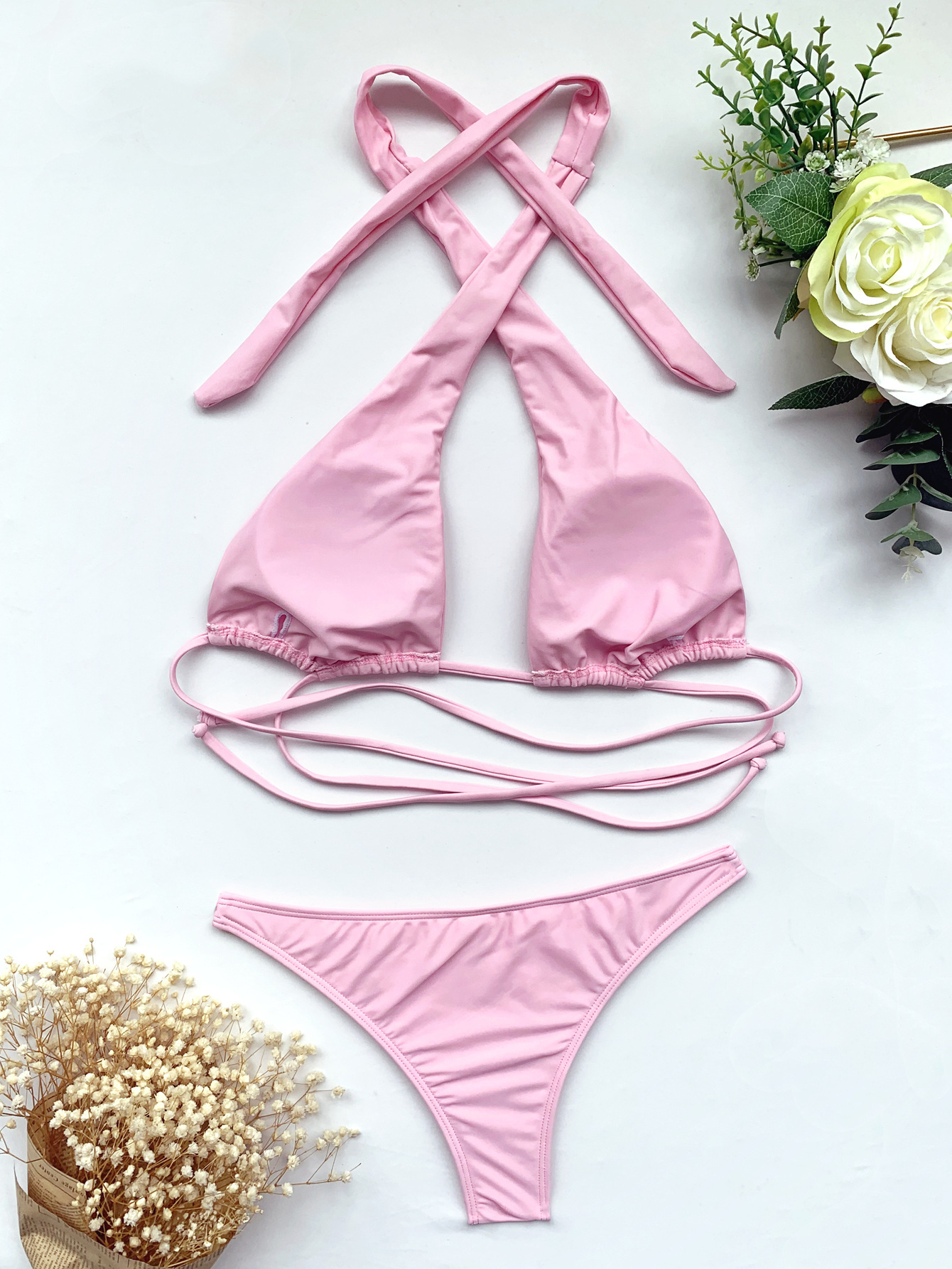 Conjunto de 2 piezas de bikini de color sólido sin espalda con cordones y cuello colgante NSCSM113048