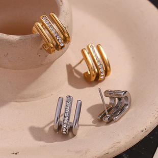 European and American Fashion Niche Creative Stylish Earrings Stainless Steel Plated 18K Gold Three-Layer Mini J-Shaped Hook Rhinestone Earrings
