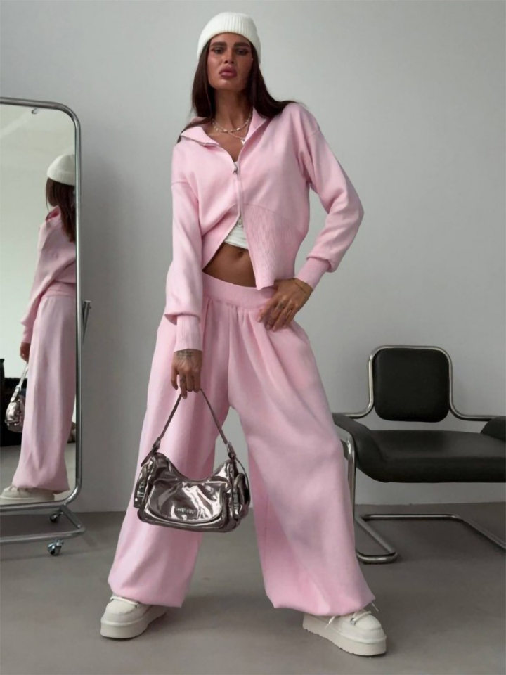 Set áo len cardigan dáng rộng phối quần ống lồng hai dây kéo — màu hồng, màu xám chi tiết 3