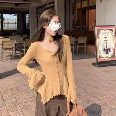 2025秋新镂空V领喇叭袖针织衫修身显瘦上衣女-可一件批发