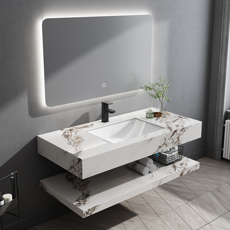 Pequeno oso personalizado espejo inteligente lavabo cerámico de placa de roca lavabo doble capa baño gabinete conjunto de gabinete de baño