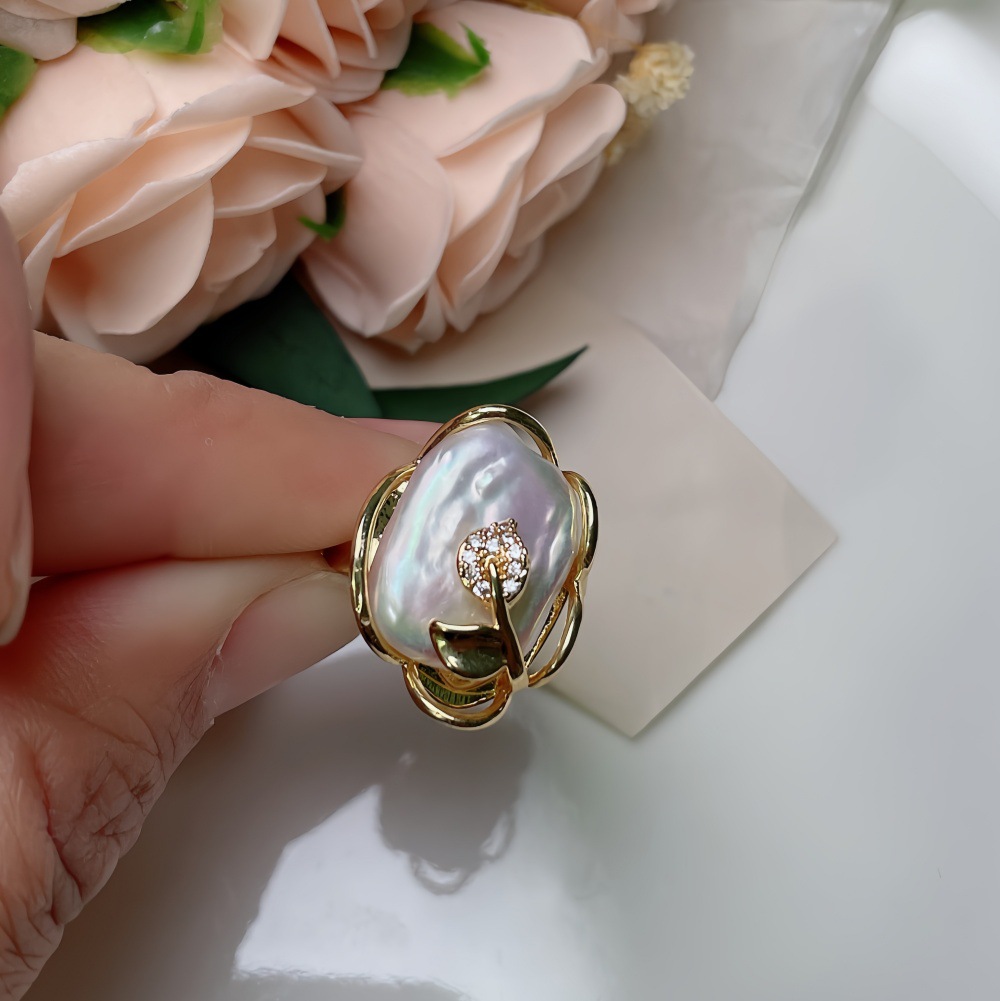 European and American Style Jewelry, Irregular Freshwater Pearl Baroque Adjustable Ring, Vintage Ins-Style Index Finger Ring, Leaf-Shaped Ring