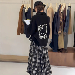 2025韩版秋季新款减龄卡通提花翻领毛衣女慵懒风小猫宽松针织开衫