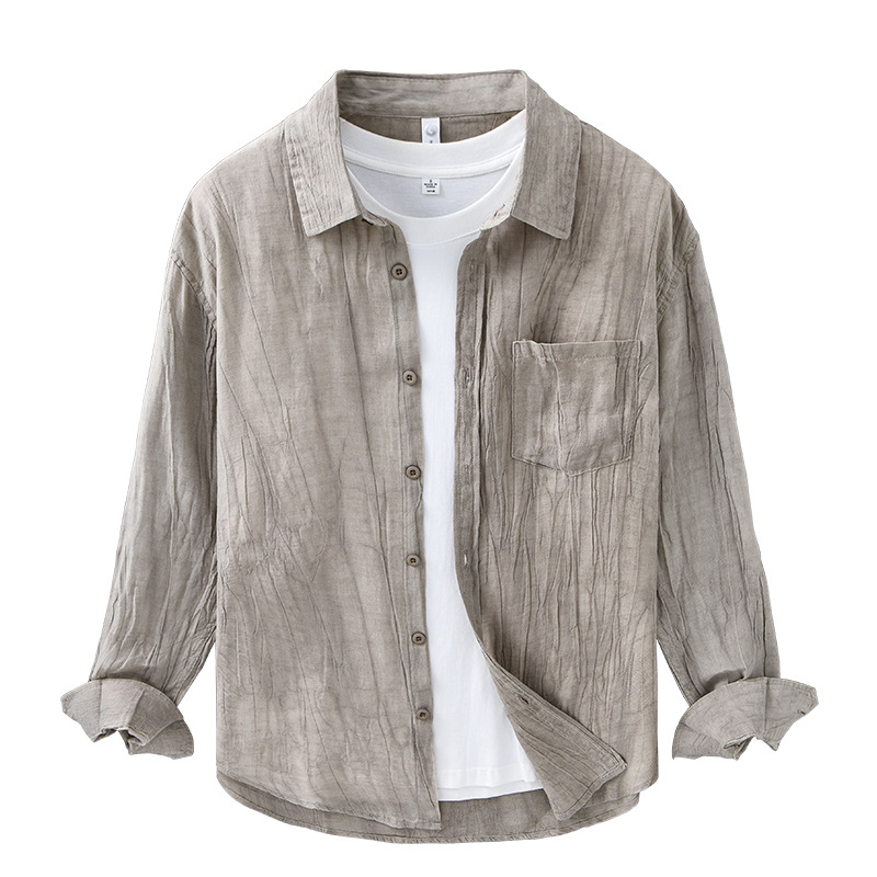 New Ramie Men's Long-sleeved Casual Shirt Loose Retro Creased