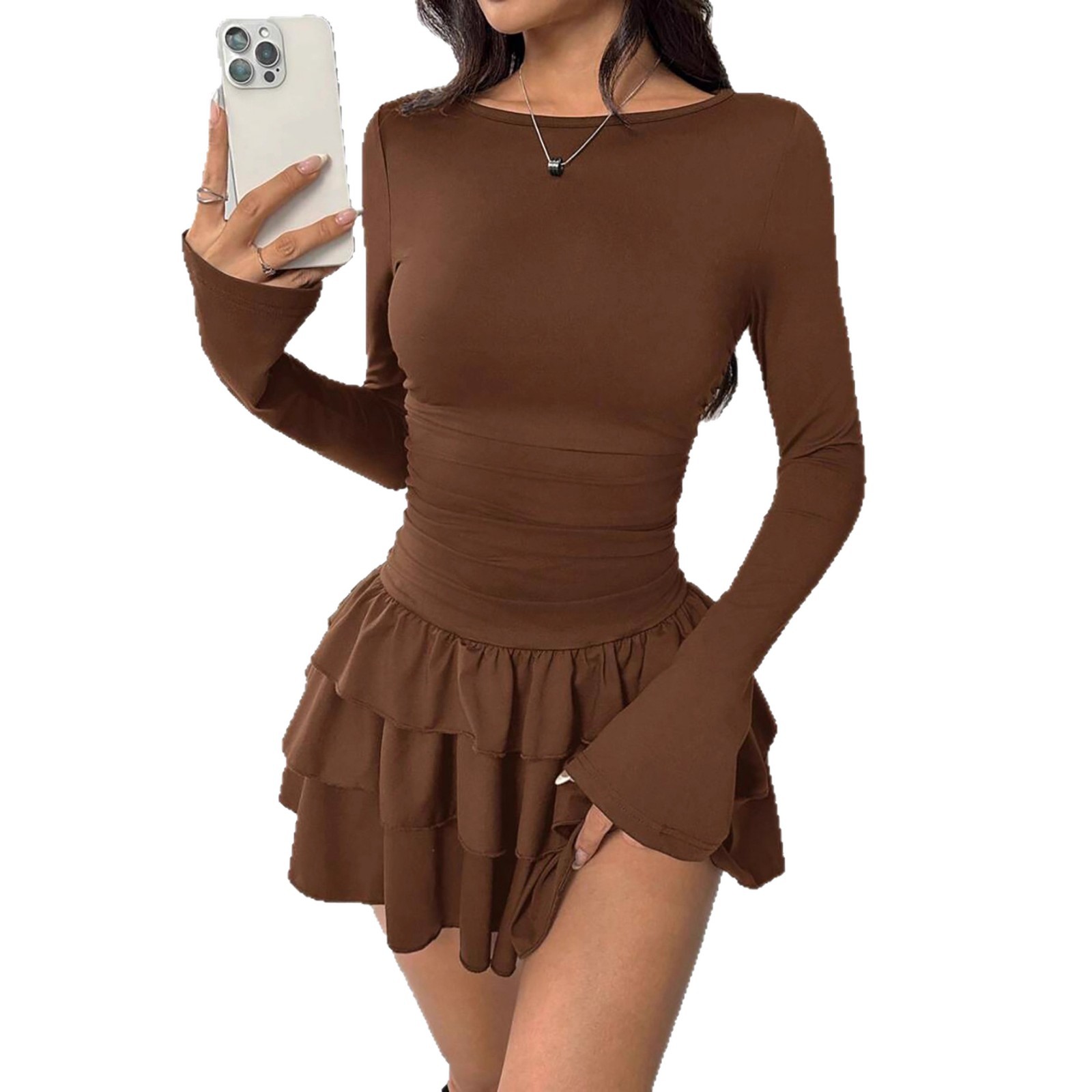 Women's Solid Color Slim Fit Ruffled Panel Long Sleeve Bodycon Mini Dress – Elegant Casual Gown_ecoleips.com