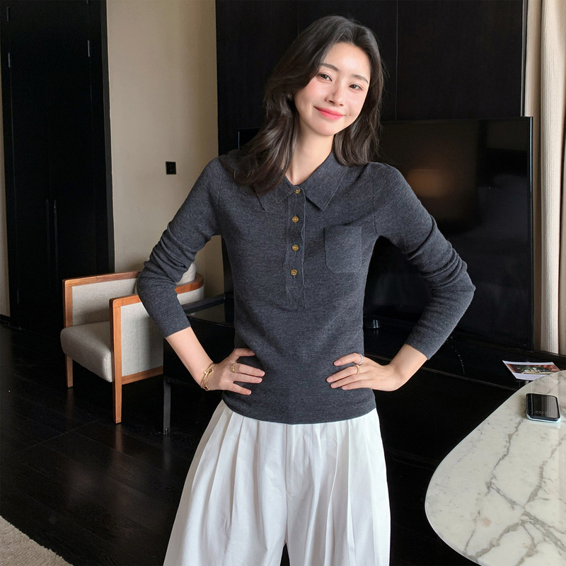 Polo Collar Fine Wool Sweater 2025 Autumn New Women's Half-Buttoned Base Sweater Gentle Style Slim Fit Sweater