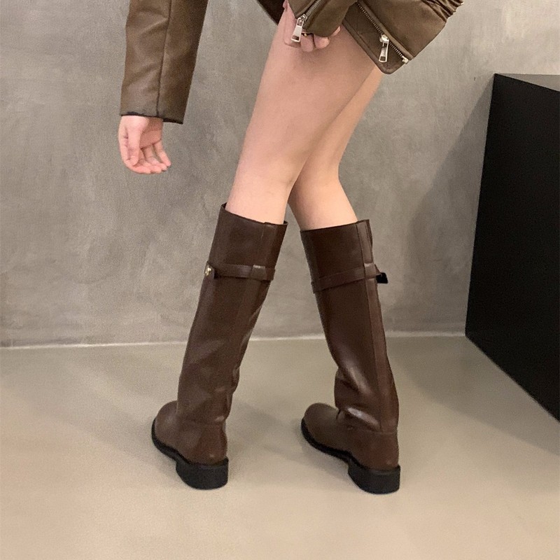 粗跟棕色美拉德长筒长靴女鞋2025新款秋冬季黑色机车中筒骑士靴子|undefined