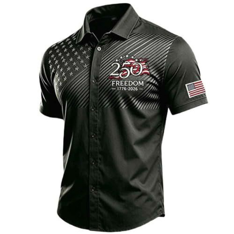 2026 Cross-Border Amazon Spring/Summer New Style Turn-Down Collar American Flag Anniversary Celebration Print Men's Short-Sleeve Shirt