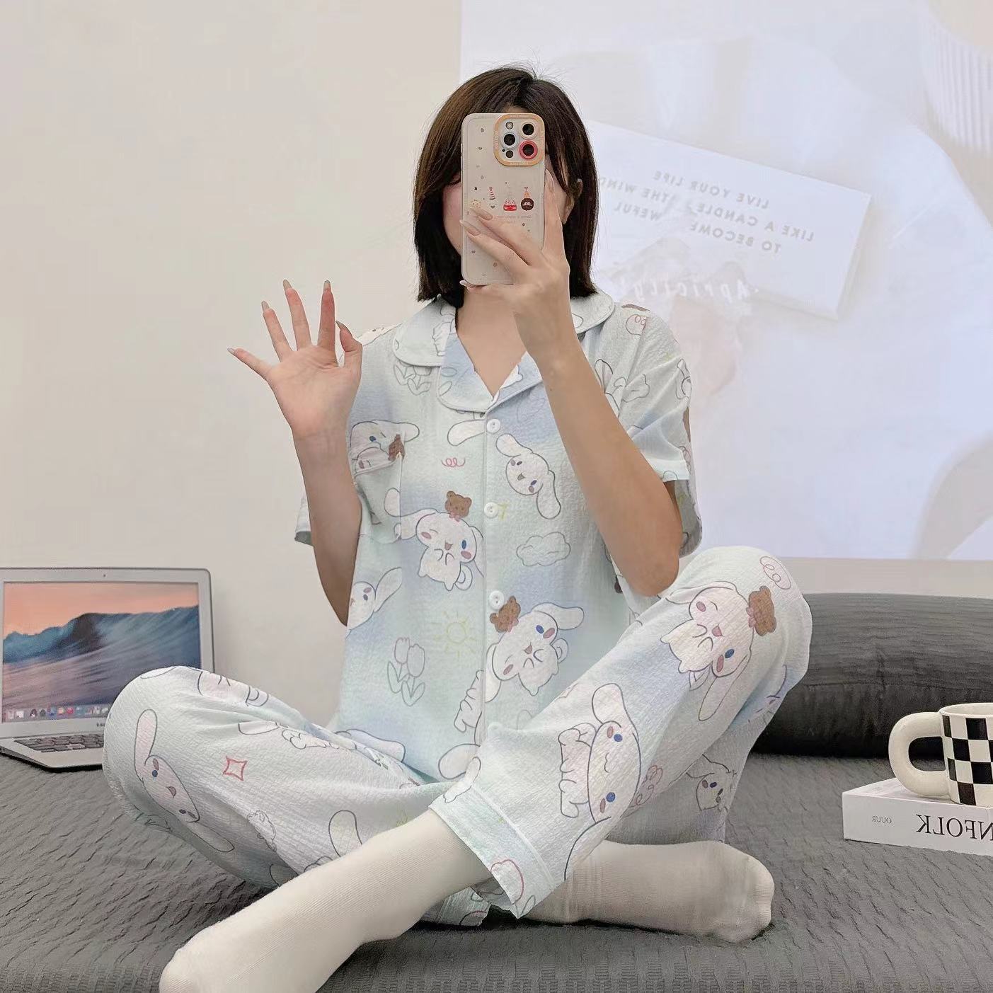 Pajamas de espuma tejidos de verano de algodón pantalones largos de mangas cortas ropa para el hogar de verano delgada de algodón conjunto de dos piezas