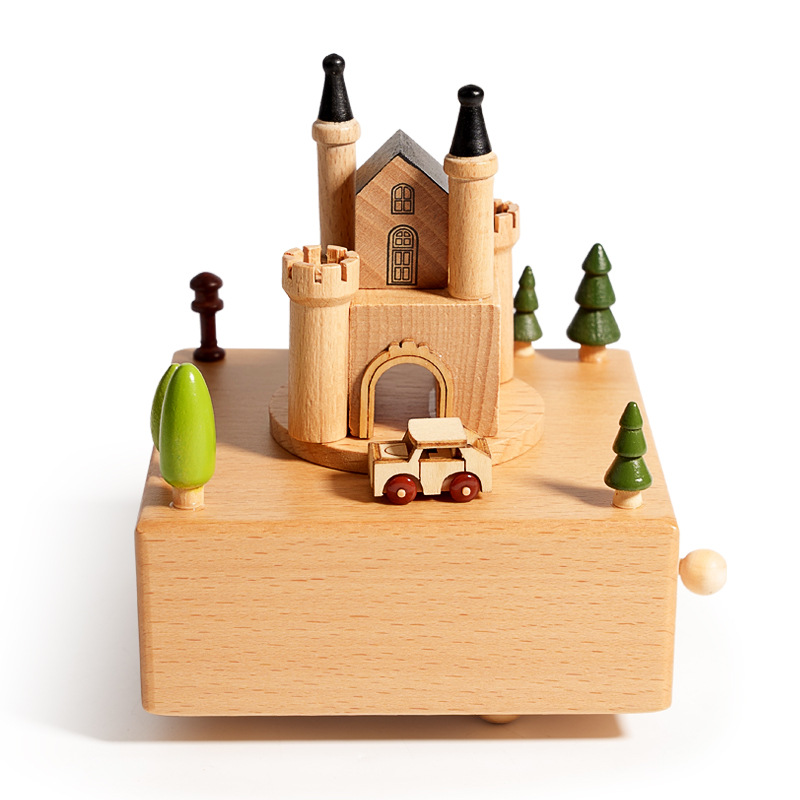 Carruaje carruaje, caja de música de dibujos animados de madera maciza, caja de música giratoria, decoración de regalo de juguete de madera de iluminación para niños de 1 a 3 años