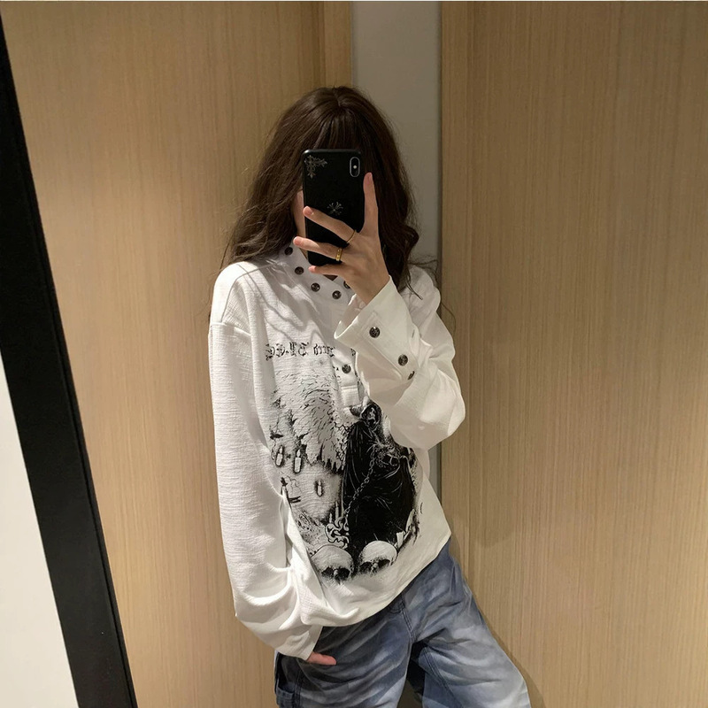 American-style printed button-down long-sleeve T-shirt, unisex, Y2K subculture, high-end, loose-fitting, Henley collar top, trendy brand