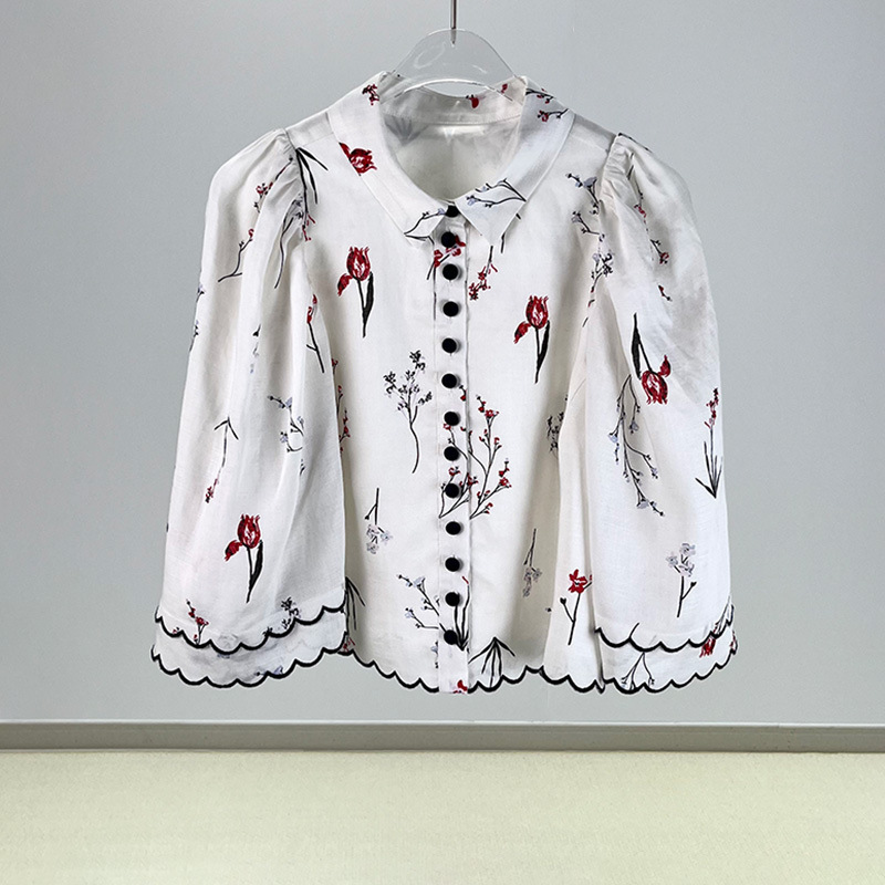 Summer New Exquisite Embroider Pastoral Romantic Style Tencel Linen Floral Shirt Retro Sweet Skin-Friendly Breathable