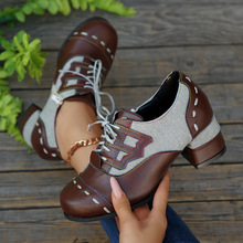 2025春夏外贸擦色复古拼接马克线欧美机车风系带高跟单鞋