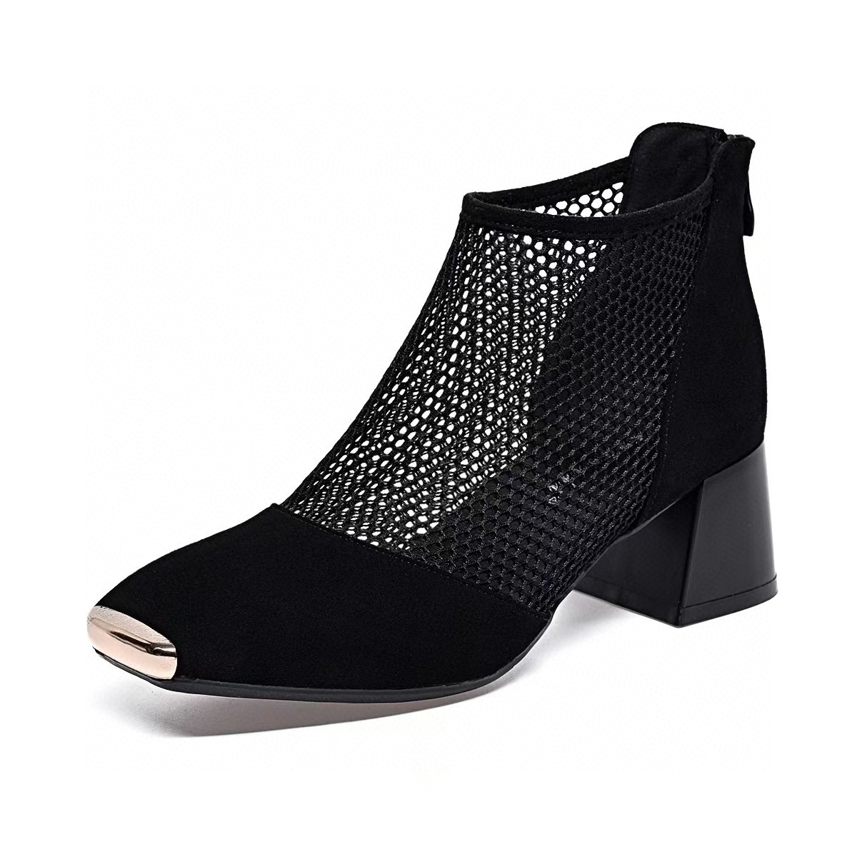 Giày sandal nữ da thật mũi vuông phối lưới kiểu La Mã, gót dày, thoáng khí, boot ngắn phối lưới — màu đen