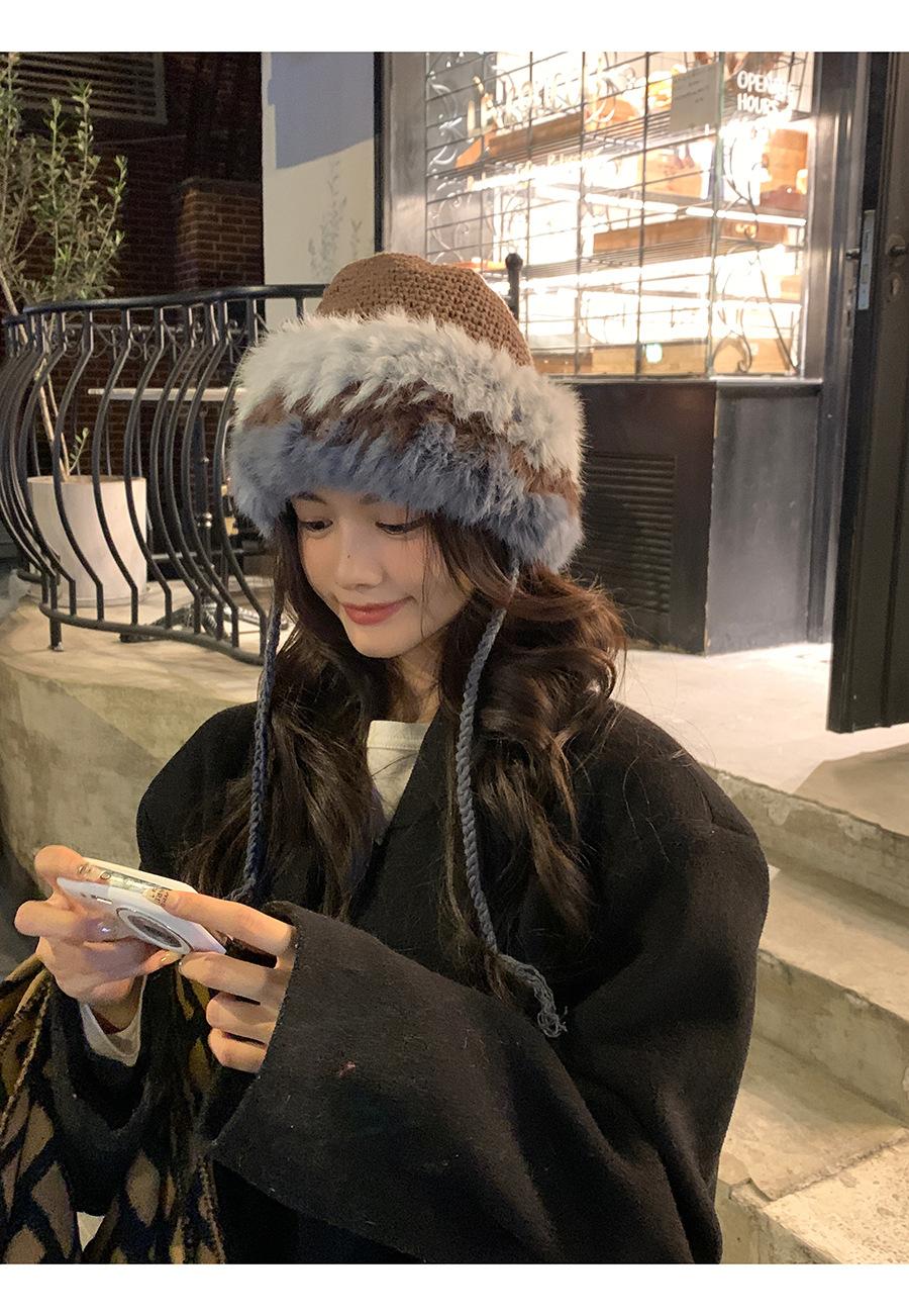 Congee Cocoa Rabbit Hair Knitted Women's Autumn and Winter Splice Warm Wool Cold proof Pullover Plush Ear Protection_voghion.com