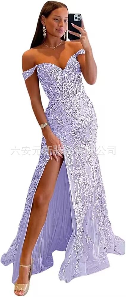 Comercio exterior europeo y americano Amazon hombro abierto vestido de baile largo de diafragma de encaje decal de mujer vestido de noche de cola de pescado