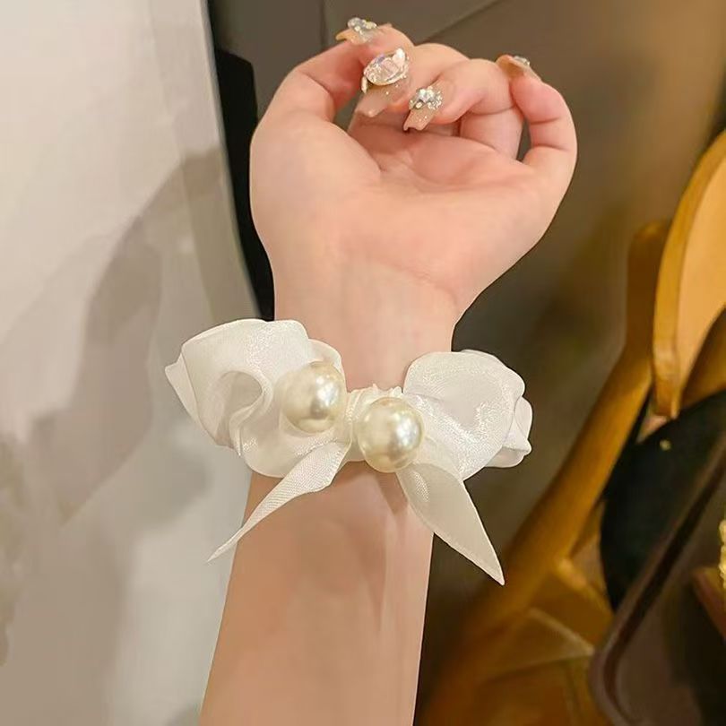 Scrunchie in raso con fiocco e perle elastico capelli elegante_voghion.com