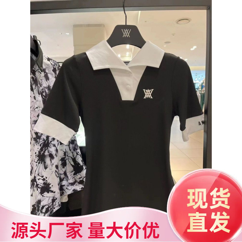 Korean Style Spring and Summer Golf Women's Lapel Black and White Stitching Fashionable Versatile Short-Sleeved T-Shirt