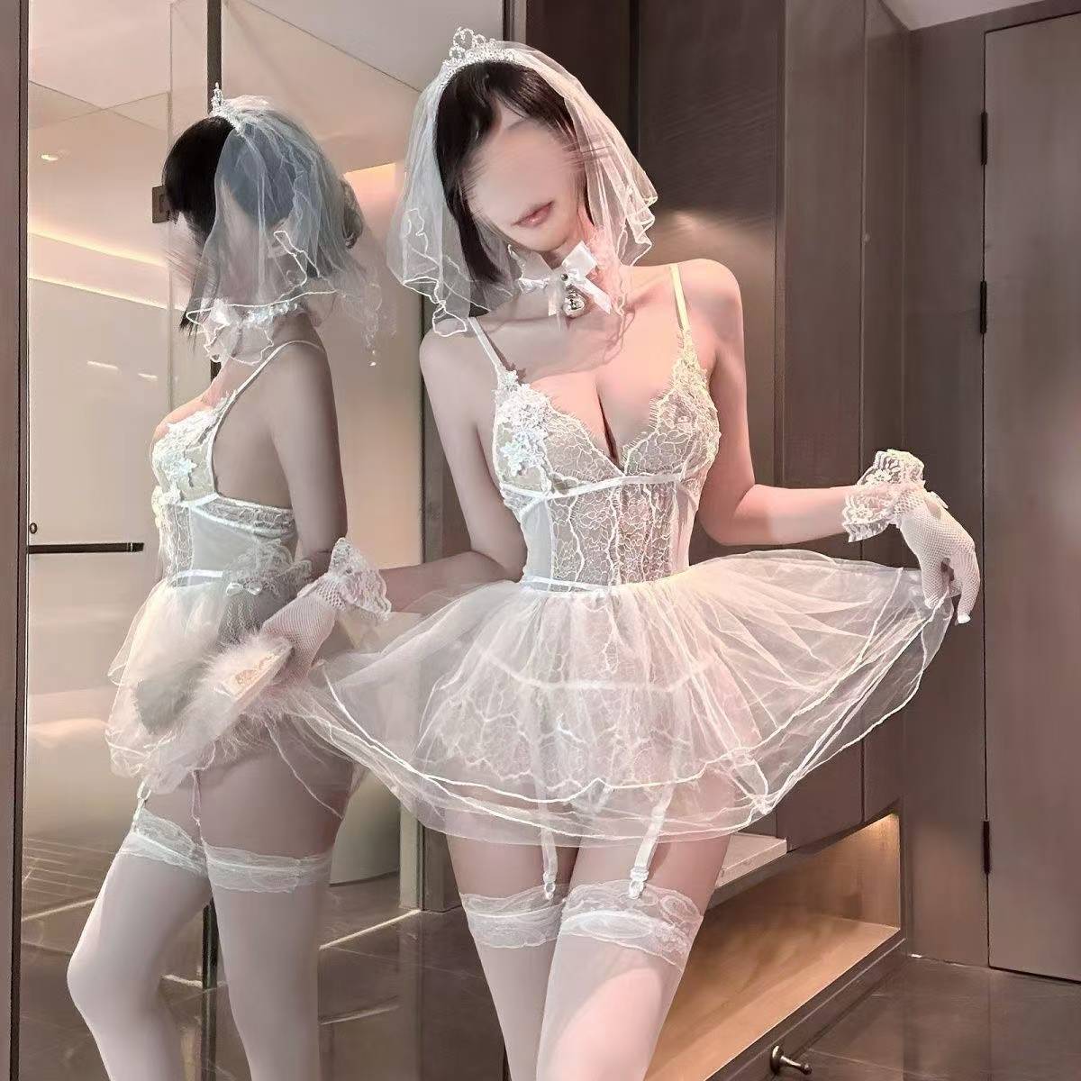 Bridal Lace Lingerie Set with Cut-Out Mesh Detail, Choker Bell and White Stockings — detail image 3