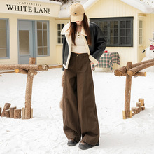 铭海咖色美式复古辣妹分割牛仔裤女直筒显瘦宽松阔腿长裤