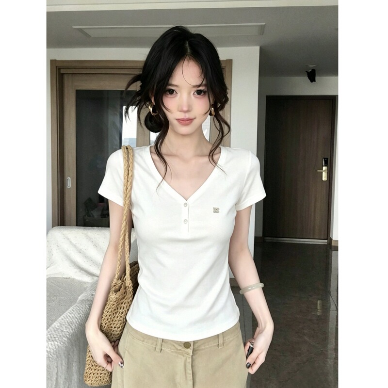 [220g Water-Soft Cotton 95% Cotton 5% Spandex] American-Style V-Neck T-Shirt for Women, Summer Regular Shoulder Short-Sleeve Slim-Fit Top
