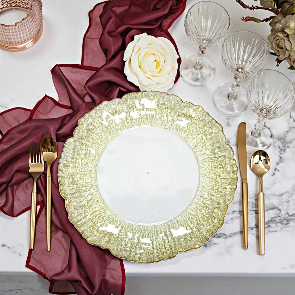 Placa de cargador flor de sol patrón de árbol cristal de plástico chapado en oro bandeja de frutas de plástico cojín de filete de alta calidad